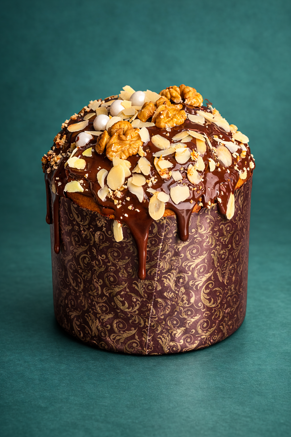 Artisanal Chocolate Paska with mixed walnuts and almonds on a teal studio background, modern Easter bread delivery in Tbilisi.